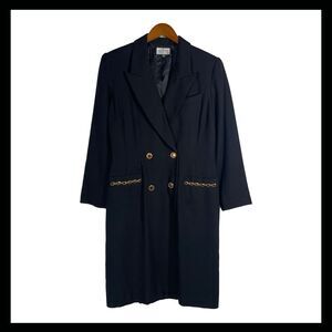 Vintage Kasper Black Double Breasted Blazer Dress with Gold Chain Detail Size 12